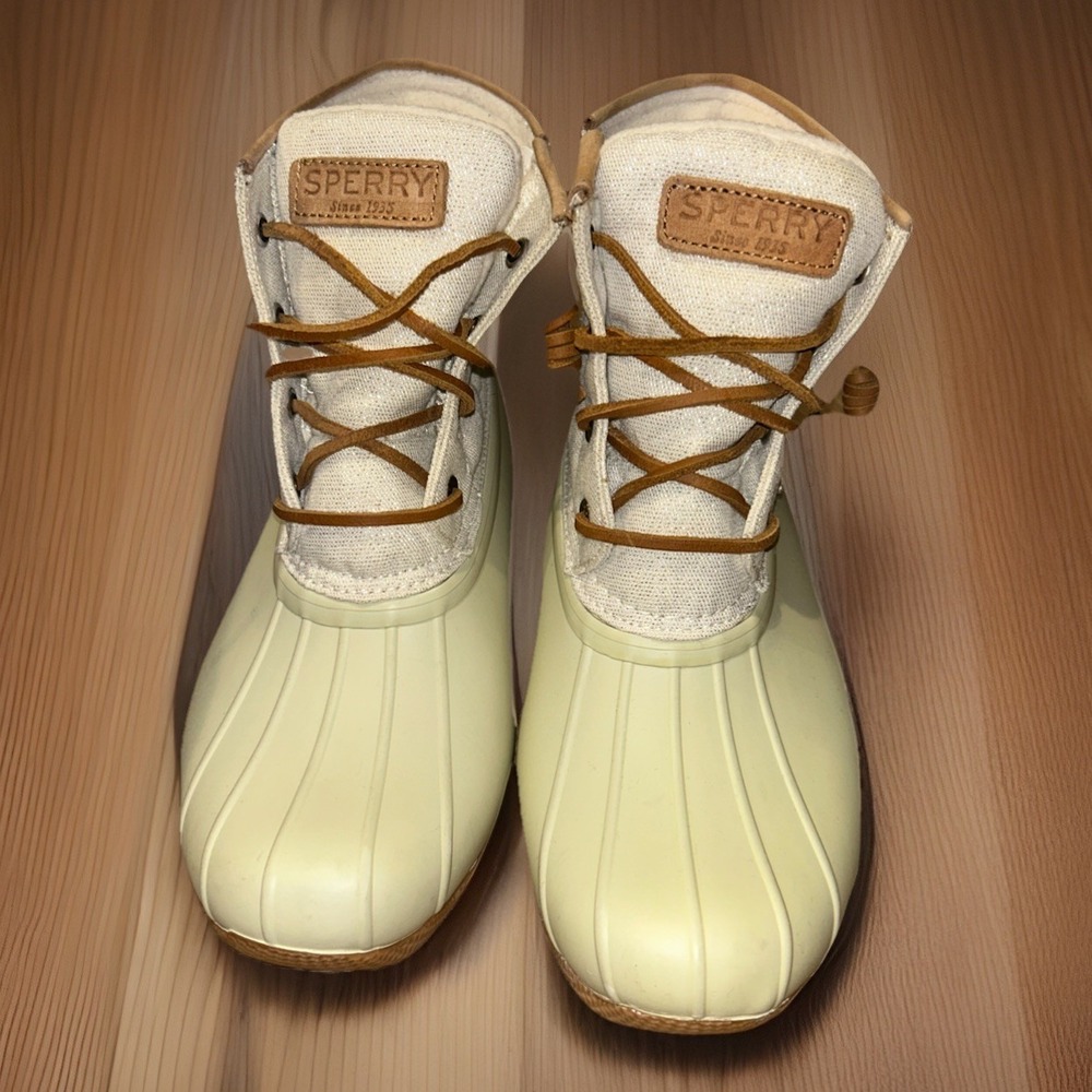 Sperry Womens Saltwater Ivory Duck Boots Waterproof Zip Ankle STS83234 Mens 7.5